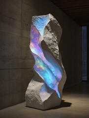 Abstract stone sculpture with iridescent light.