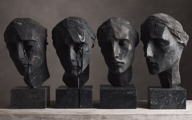 Four stone busts, each with flowing dark substance, in a  setting.