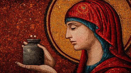 Mosaic Icon of Saint Mary Magdalene Holding Jar of Anointing Oil Depicted in Sacred Byzantine Style
