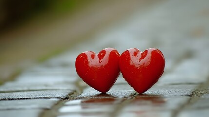Fototapeta premium Two Red Hearts Wet Rainy Day Romance