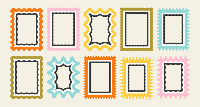 Serrated scallop funky bubble decorative tags. Vintage curvy text boxes photo elements. Cute squiggle line rectangle stamps. Retro psychedelic wiggly border picture frame shapes. Wavy label templates