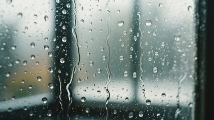 Rain wets the glass, with water droplets and trails intertwining, vaguely outlining the outside scenery, creating a quiet rainy - day atmosphere.