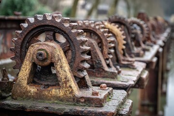 Close-up view of weathered gears and machinery parts.