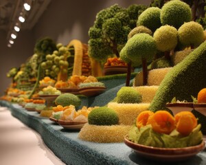 A meticulously crafted miniature landscape of fruits and vegetables.