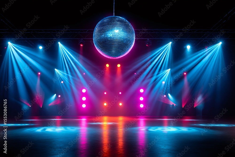 Poster disco ball shining on empty stage with colorful spotlights and haze