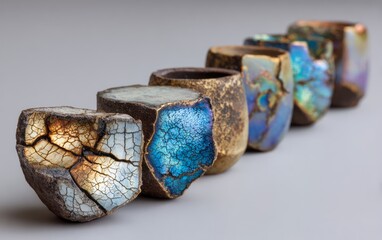 Row of small, intricately detailed ceramic vessels.