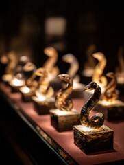 Ornamental sea creature figurines displayed on pedestals.