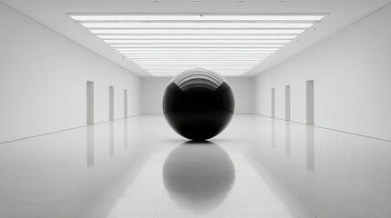 Black sphere in a minimalist gallery.