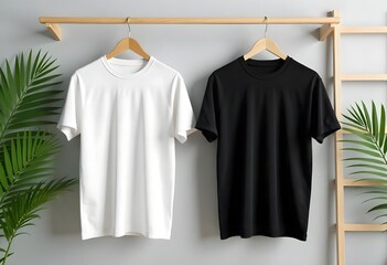 Shirts and clothes hanging on hangers for fashion display or apparel design template