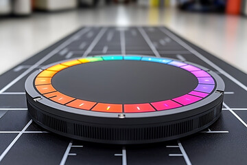 Obraz premium Futuristic circular device with vibrant rainbow LED lights, resting on a gridded surface. Represents innovation, technology, and data visualization. Ideal for tech, science, and design concepts.