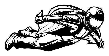 black and white vector of man flying in wingsuit in dynamic angled pose, engraving style © Luka