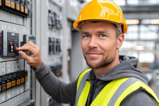 Electrical engineer working on control panel in factory