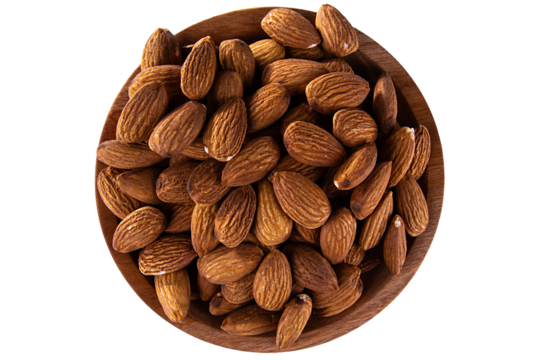 almonds in wooden bowl isolated on transparent background
