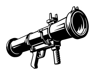 black and white vector of a military bazooka in vintage engraving style, isolated on white background