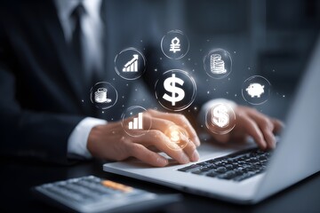 Businessperson Working on Laptop with Financial Icons.