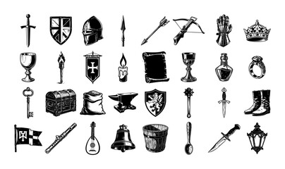 black and white vector set of medieval objects including weapons, shields, crowns, and tools