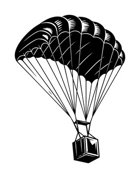 black and white vector illustration of parachute with cargo box
