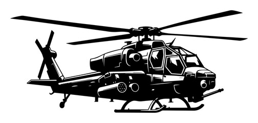 Black and white vector illustration of a combat attack helicopter with weapons. Tactical military design © Luka