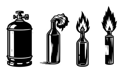 Molotov cocktail set – black and white incendiary weapons vector