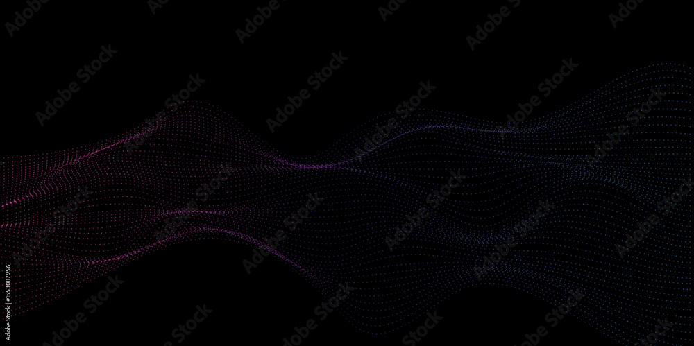 Poster Abstract wavy dotted curved line dark black background. vector futuristic background with particle waves Beautiful shaped array of glowing line. abstract volume voice technology vibrate and music bg.	