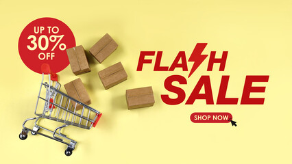 bulk parcel boxes and shopping cart with flash sale and 30% offer text. sales, offer, online...