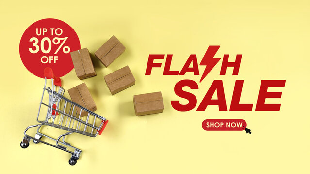 bulk parcel boxes and shopping cart with flash sale and 30% offer text. sales, offer, online shopping concept 