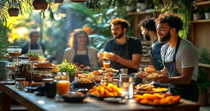 Vibrant brunch gathering in a lush caf? setting