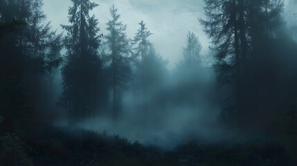 Eerie Foggy Forest Scene: Mystical Woodland Landscape in Mysterious Atmosphere