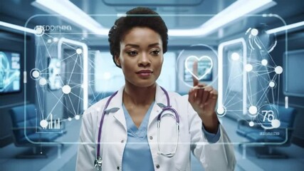 Female doctor analyzing health records through augmented medical interface
 - Powered by Adobe
