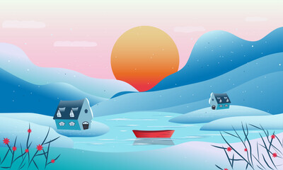 landscape winter at sunset.  nature red sun, winter mountains. boat in the water, small houses in the mountains