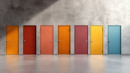 A vibrant display of colorful doors set against a textured wall, symbolizing choices and opportunities, adding a playful and artistic touch to the environment.