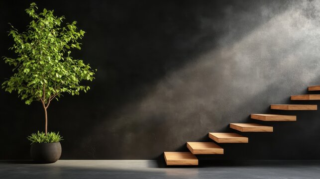 A minimalist interior featuring wooden stairs descending beside a potted tree, illuminated by natural light, evoking a sense of serenity and tranquility in the space. - Powered by Adobe