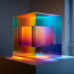 Multicolored translucent cube sculpture on a pedestal.