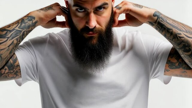 Attractive brutal tattooed bearded guy poses in black jeans and blank white t-shirt from premium thin summer cotton, isolated on white mockup background.