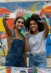 Two women, a young Indian woman and a young African American woman, take a selfie with paint on their hands against a colorful graffiti wall. Urban art scene.