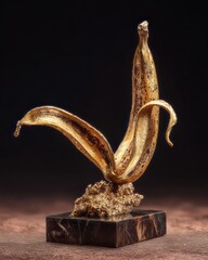 Gilded banana sculpture on a dark stone base.
