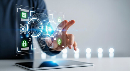 Facial Recognition Interface with Hand Interaction and Holographic Biometric UI – Secure Tech Concept