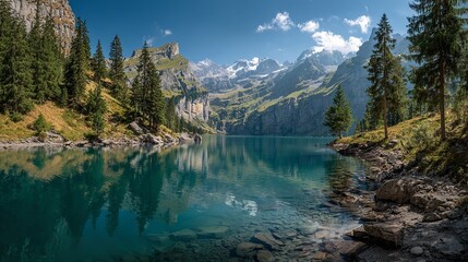 Serene Reflections at Oeschinen Lake Switzerland Alpine Beauty Turquoise Water Mountain Landscape