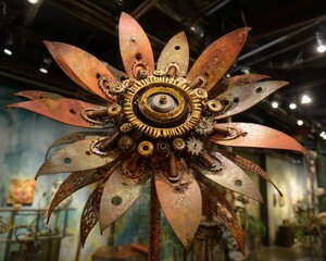 Ornate metal flower sculpture with intricate gears and rivets.