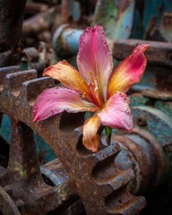 A delicate flower rests amidst rusty machinery.