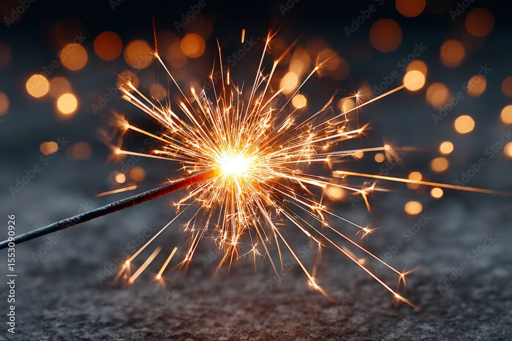 Poster bright burning sparkler with festive bokeh lights in background