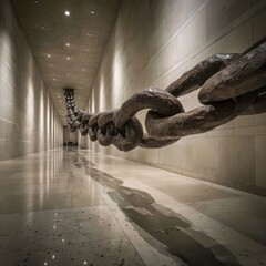 Massive chain artwork stretches through a modern hallway.