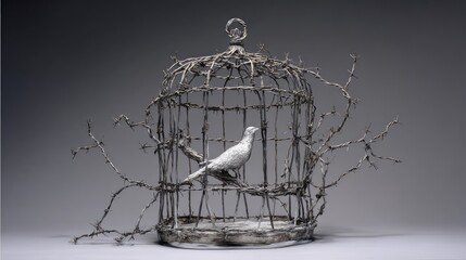 A weathered bird cage with a solitary bird inside.