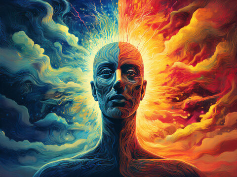 bipolar disorder, mood disorder, emotional extremes, mania and depression, mental instability, inner conflict, psychological duality, manic highs, depressive lows, rapid cycling, surrealism, expressiv