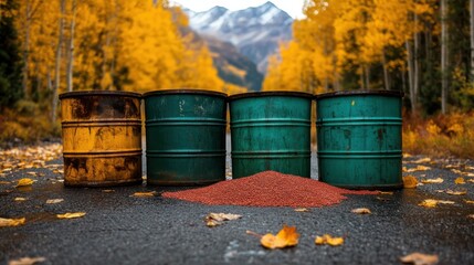 Obraz premium A striking image capturing colorful barrels lined up along a leaf-strewn roadway, showcasing a unique juxtaposition of industrial elements within a natural setting.