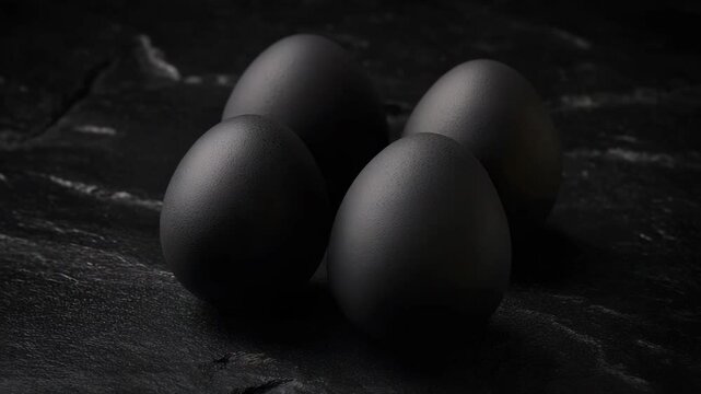 This  features three distinctive black ostrich eggs with a polka dot pattern, each varying in size and positioned against a contrasting dark background.