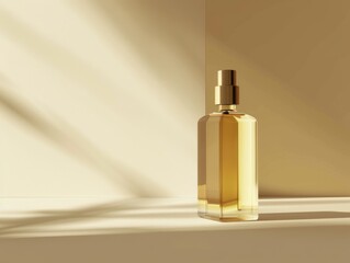 Naklejka premium Elegant golden perfume bottle on beige background, PNG