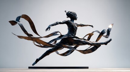 A bronze-toned, abstract sculpture of a leaping figure.