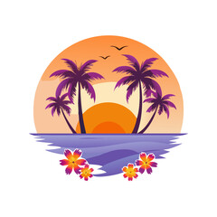 Fototapeta premium Tropical Sunset T-Shirt Design – Bold Palm Trees, Vibrant Ocean Waves, Colorful Flowers, Beach Summer Vibes Graphic Tee on White Background
