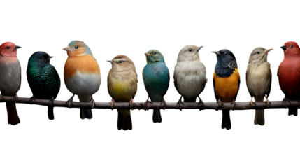 Set of birds from all continents perched on one long branch, global diversity theme, studio-style lighting
